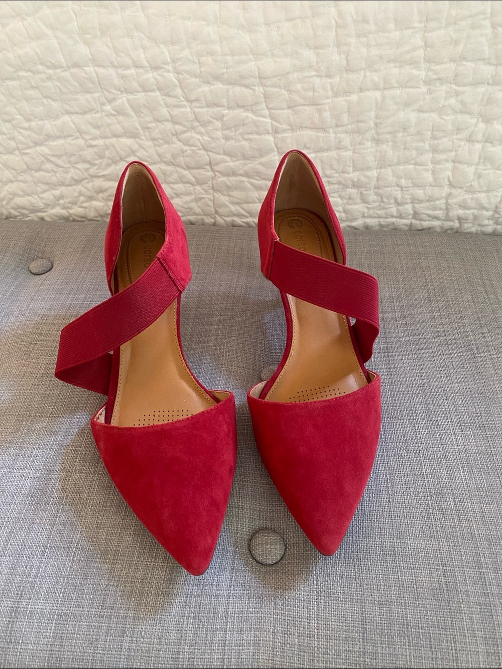 Corso Como Red Suede Pointed-Toe D'Orsay Shoes with Cross Strap